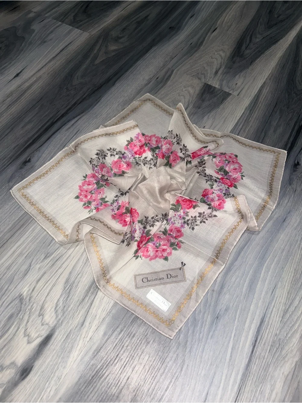 Vintage Christian Dior Pink Floral Cotton Handkerchief